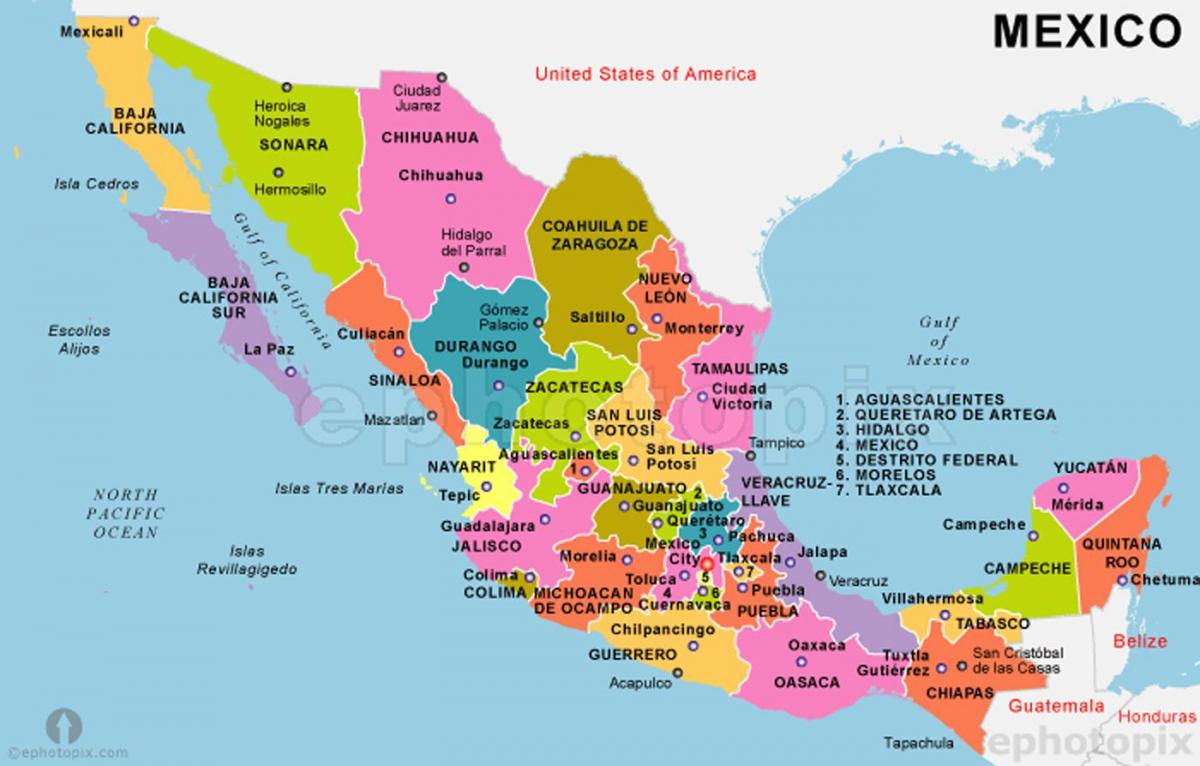 Mexic hartă cu statele și capitalele