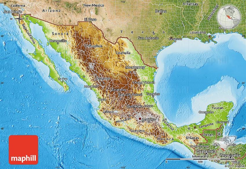 hartă în relief din Mexic