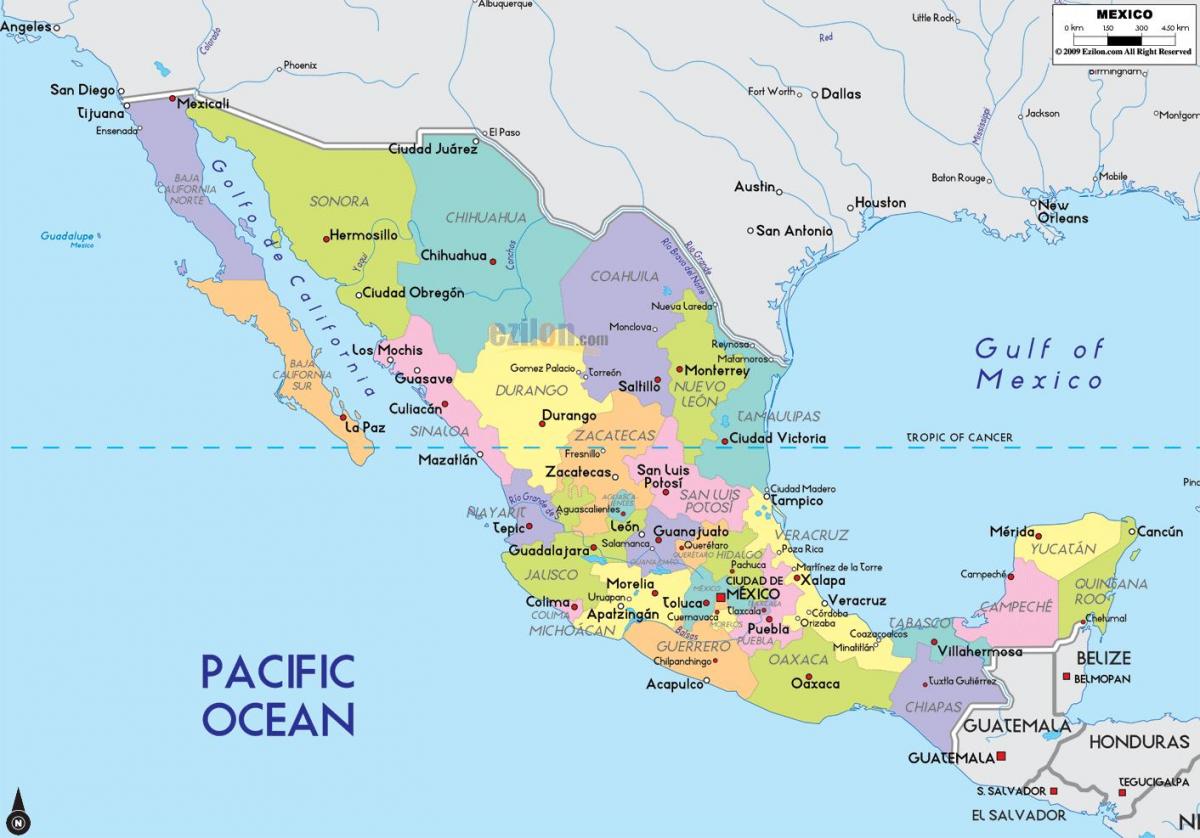 harta Mexic, cu orașe și state